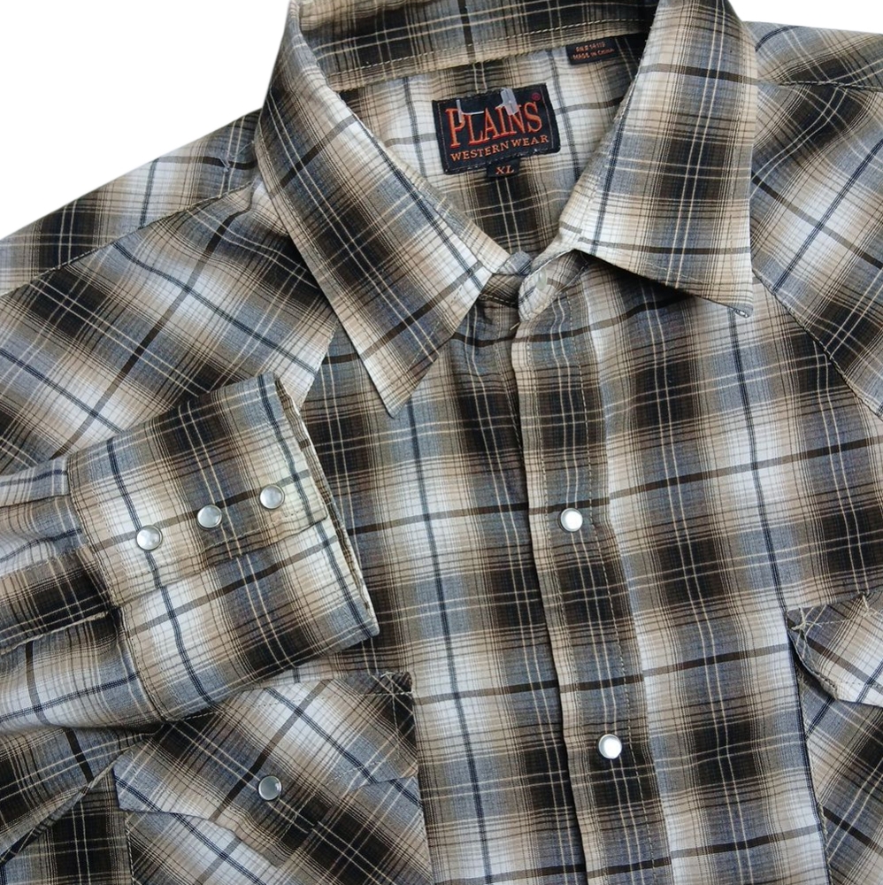 Plains Western Wear Men's X-Large‎ Shirt Plaid Pearl Snap Long Sleeve